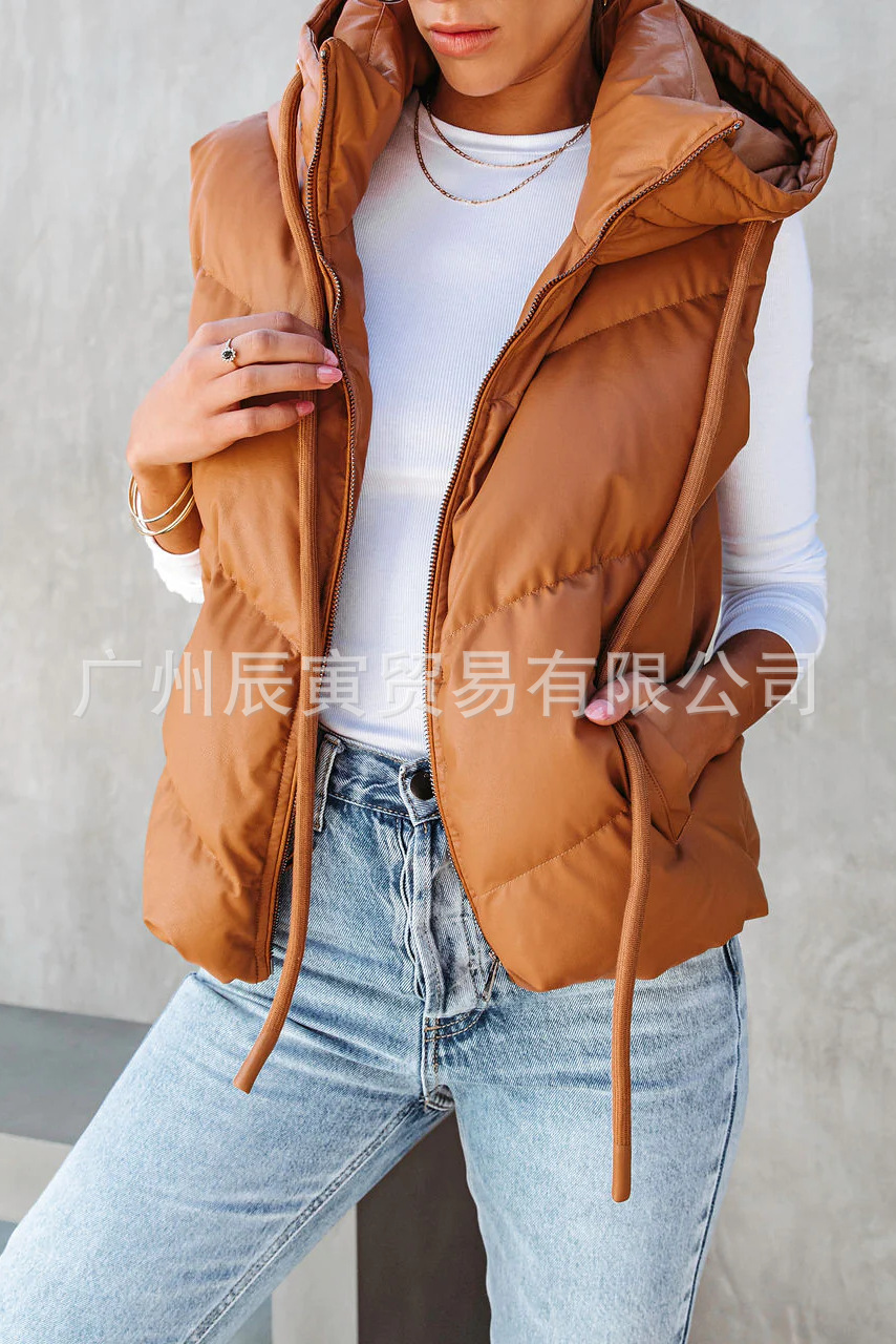Padded Vest Gilet - Женский однотонный утепленный жилет с капюшоном,